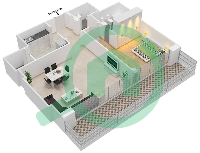 المخططات الطابقية لتصميم النموذج A شقة 1 غرفة نوم - تو تاورز برج A interactive3D
