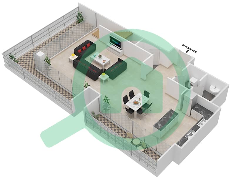 المخططات الطابقية لتصميم النموذج B بنتهاوس 1 غرفة نوم - تو تاورز برج A Lower Floor interactive3D