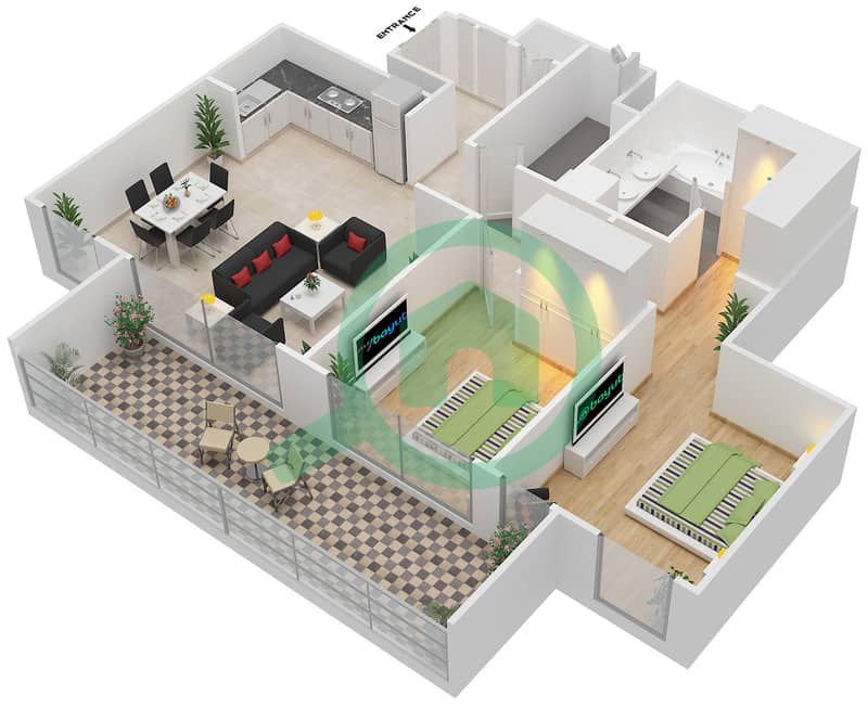 المخططات الطابقية لتصميم الوحدة 8,9 شقة 2 غرفة نوم - هاربور جيت Floor 1-14,16-29 interactive3D
