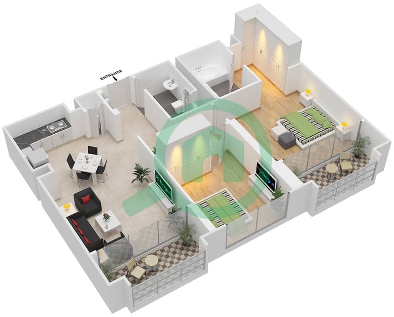 المخططات الطابقية لتصميم الوحدة 6 شقة 2 غرفة نوم - هاربور جيت Floor 16-23 interactive3D