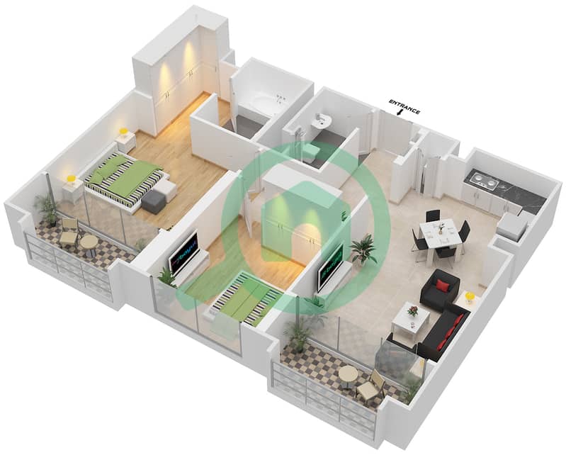 المخططات الطابقية لتصميم الوحدة 6 FLOOR 16-29 شقة 2 غرفة نوم - هاربور جيت Floor 16-29 interactive3D