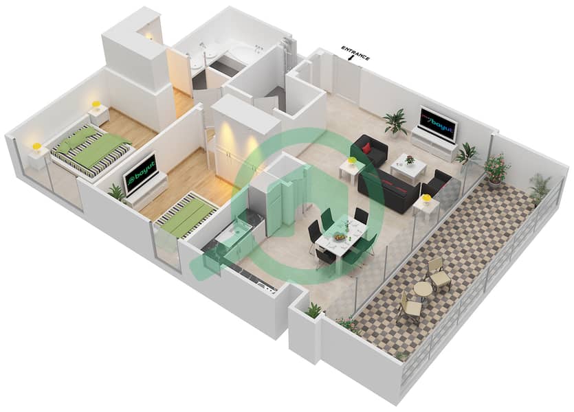 المخططات الطابقية لتصميم الوحدة 7,8 شقة 2 غرفة نوم - هاربور جيت Floor 1-14,16-29 interactive3D
