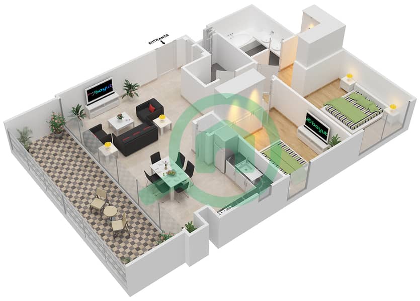 المخططات الطابقية لتصميم الوحدة 8 FLOOR 16-23 شقة 2 غرفة نوم - هاربور جيت Floor 16-23 interactive3D