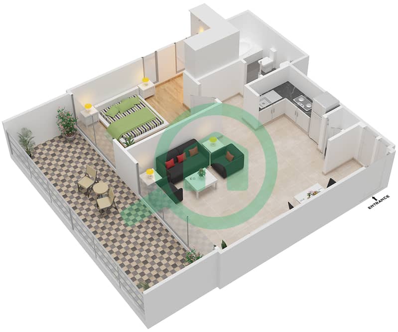 المخططات الطابقية لتصميم الوحدة 5 شقة 1 غرفة نوم - هاربور جيت Floor 1-14 interactive3D