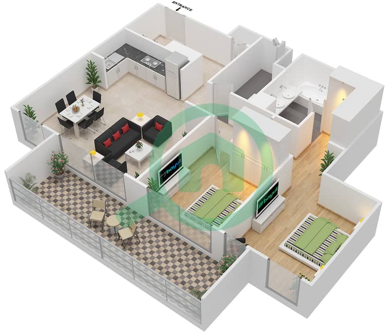 المخططات الطابقية لتصميم الوحدة 4 شقة 2 غرفة نوم - هاربور جيت Floor 24-28 interactive3D
