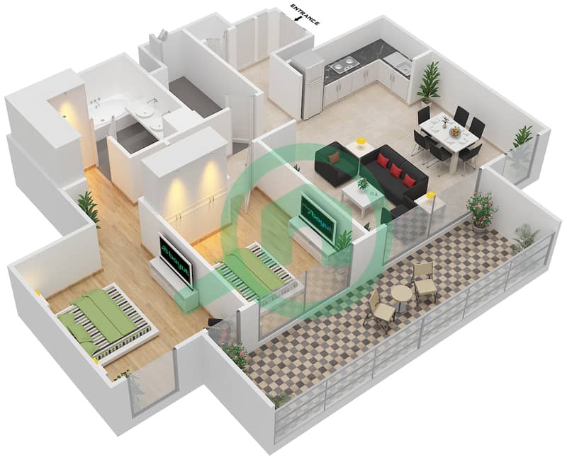 المخططات الطابقية لتصميم الوحدة 4 FLOOR 1-14,16-29 شقة 2 غرفة نوم - هاربور جيت Floor 1-14,16-29 interactive3D