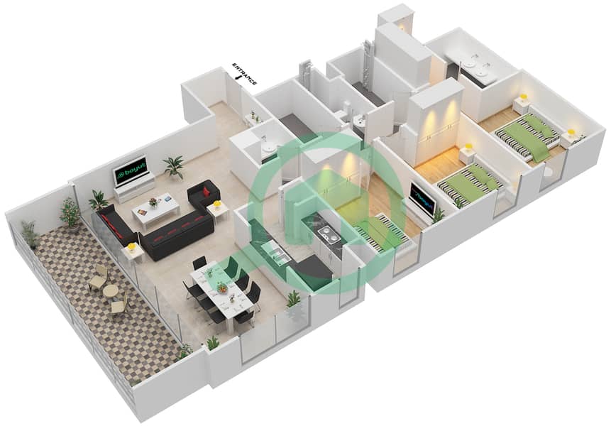 المخططات الطابقية لتصميم الوحدة 1 FLOOR 2-14,16-35 شقة 3 غرف نوم - هاربور جيت Floor 2-14,16-35 interactive3D