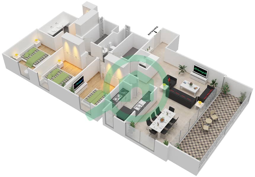 Harbour Gate - 3 Bedroom Apartment Unit 1 Floor plan Floor 2-14,16-28 interactive3D