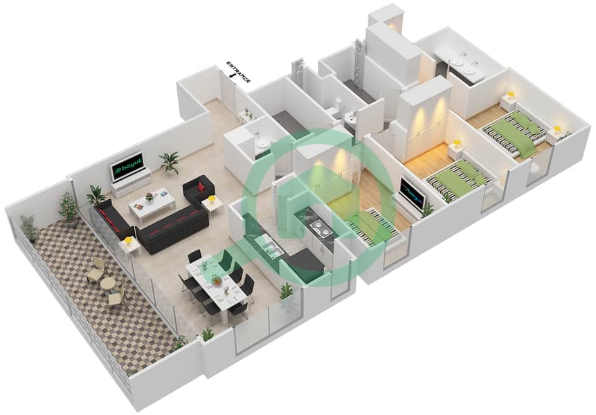 港湾之门大厦 - 3 卧室公寓单位3戶型图 Floor 1-14,16-28 interactive3D