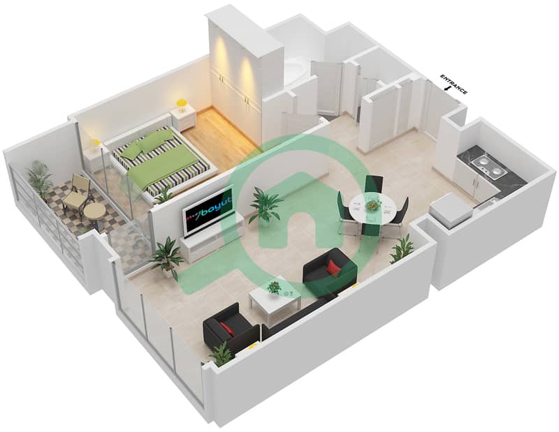 المخططات الطابقية لتصميم الوحدة 6 شقة 1 غرفة نوم - هاربور جيت Floor 1-14 interactive3D