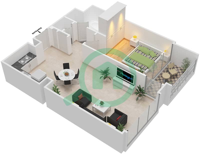 المخططات الطابقية لتصميم الوحدة 7 FLOOR 1-14 شقة 1 غرفة نوم - هاربور جيت Floor 1-14 interactive3D