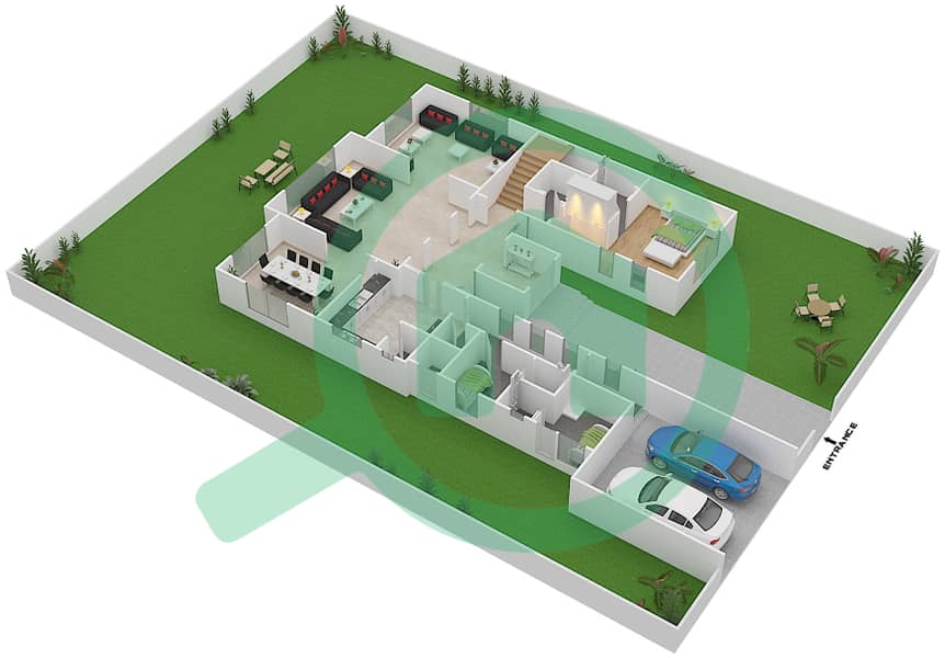 المخططات الطابقية لتصميم النموذج C فیلا 5 غرف نوم - ميلينيوم إستيتس Ground Floor interactive3D