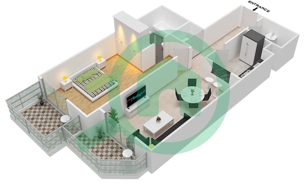 المخططات الطابقية لتصميم النموذج 27 شقة 1 غرفة نوم - بلازو ريزيدنس interactive3D