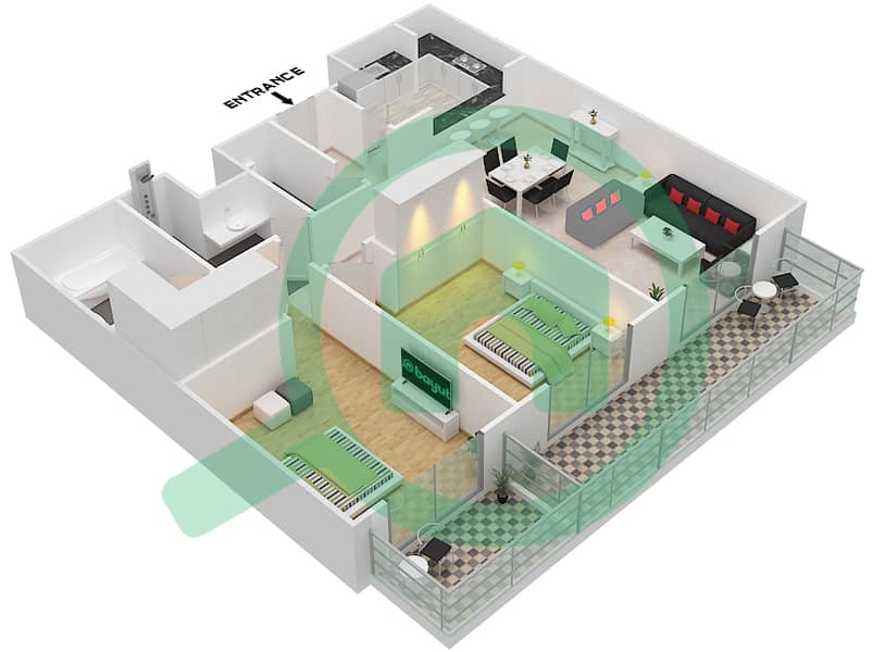 المخططات الطابقية لتصميم النموذج 37 شقة 2 غرفة نوم - بلازو ريزيدنس interactive3D