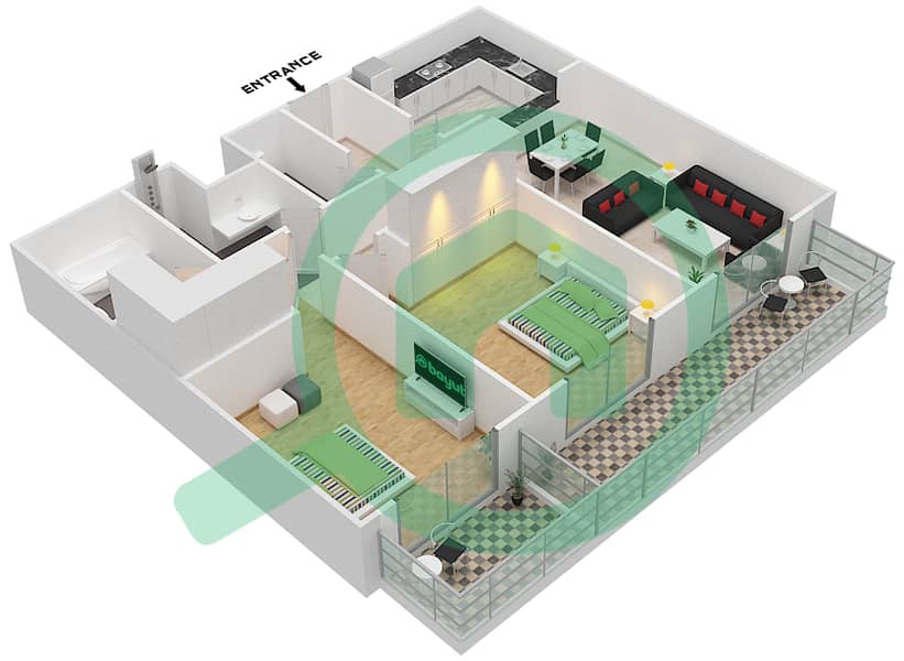 المخططات الطابقية لتصميم النموذج 38 شقة 2 غرفة نوم - بلازو ريزيدنس interactive3D