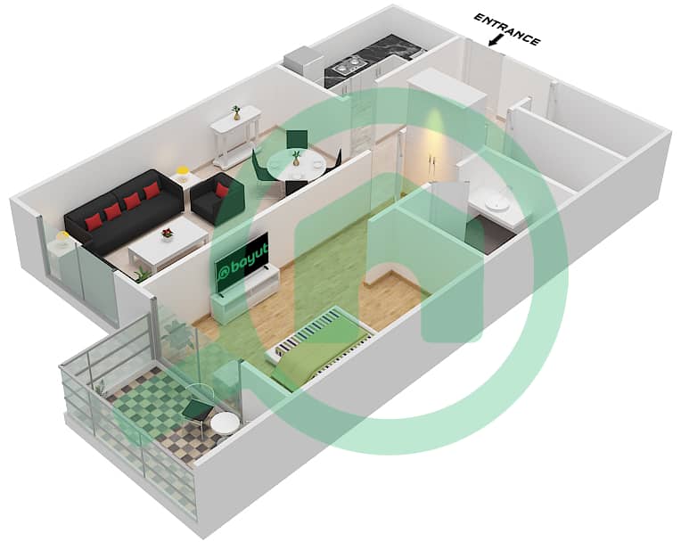 普拉佐公寓 - 1 卧室公寓类型16戶型图 interactive3D