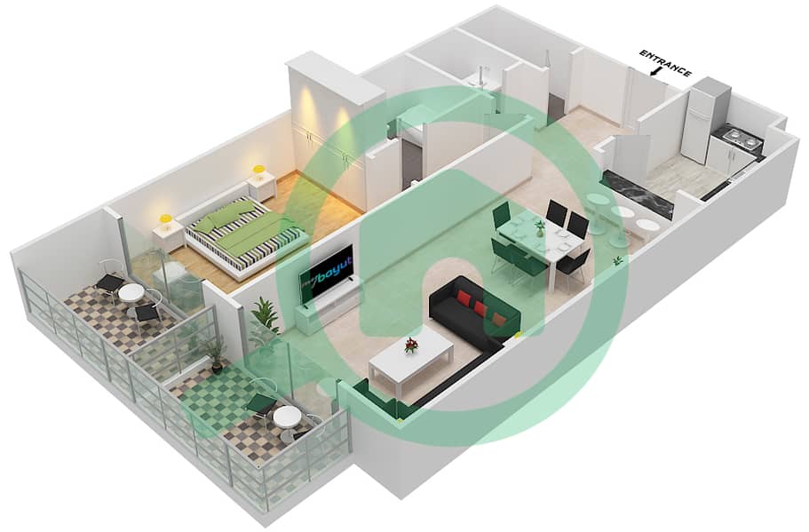 المخططات الطابقية لتصميم النموذج 26 شقة 1 غرفة نوم - بلازو ريزيدنس interactive3D