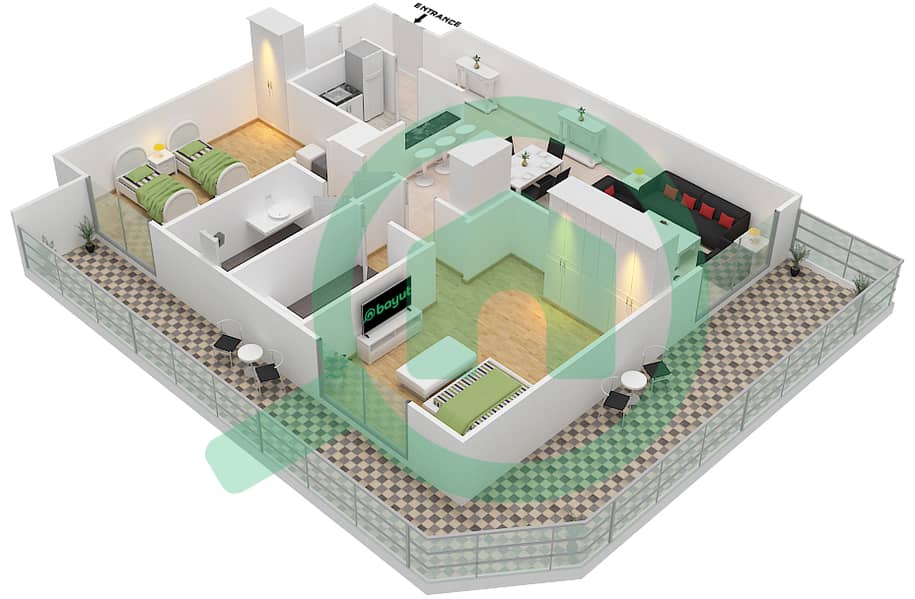 Плазо Резиденс - Апартамент 2 Cпальни планировка Тип 35 interactive3D