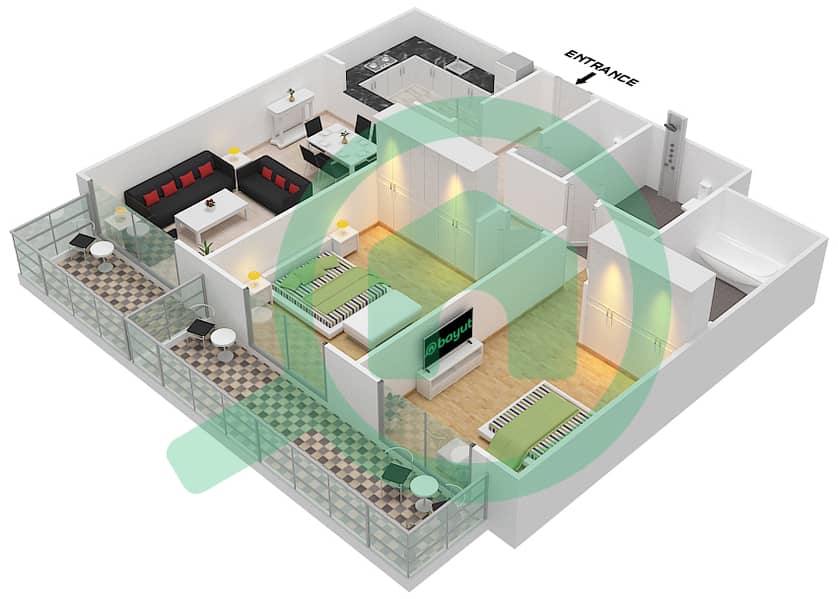 Плазо Резиденс - Апартамент 2 Cпальни планировка Тип 36 interactive3D