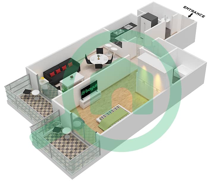 Плазо Резиденс - Апартамент 1 Спальня планировка Тип 23 interactive3D