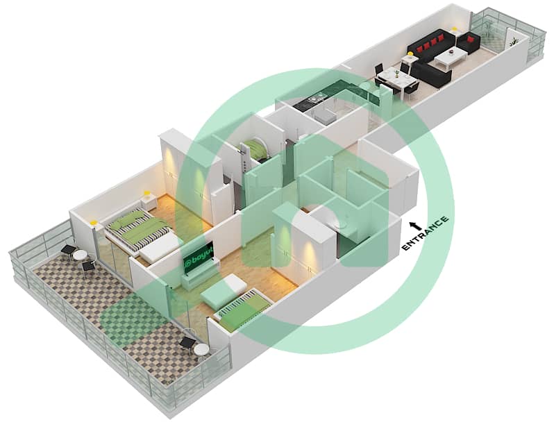 Plazzo Residence - 2 Bedroom Apartment Type 33 Floor plan interactive3D