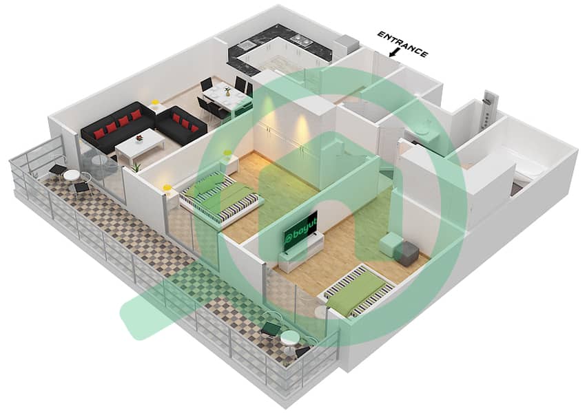 المخططات الطابقية لتصميم النموذج 34 شقة 2 غرفة نوم - بلازو ريزيدنس interactive3D