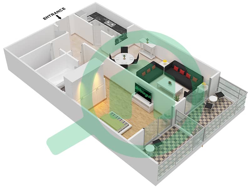 Плазо Резиденс - Апартамент 1 Спальня планировка Тип 21 interactive3D