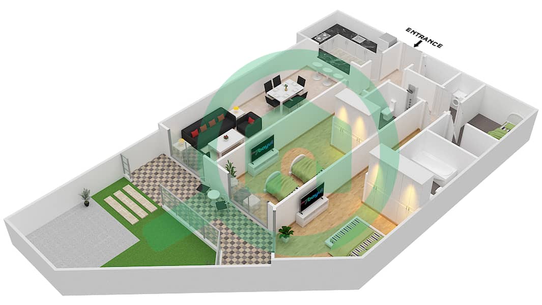 Плазо Резиденс - Апартамент 2 Cпальни планировка Тип 31 interactive3D