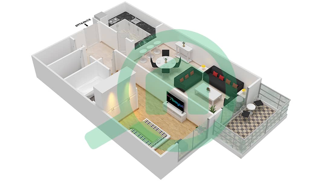 Плазо Резиденс - Апартамент 1 Спальня планировка Тип 19 interactive3D