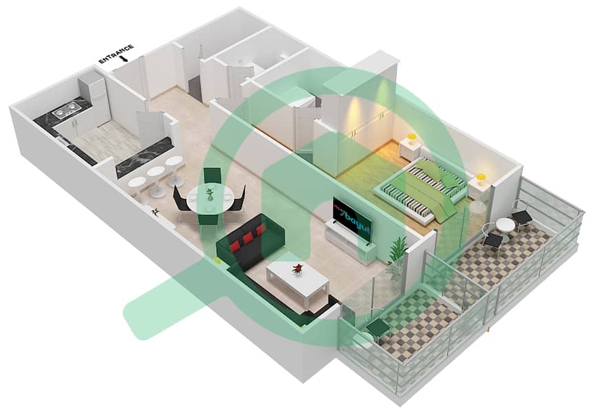 المخططات الطابقية لتصميم النموذج 20 شقة 1 غرفة نوم - بلازو ريزيدنس interactive3D