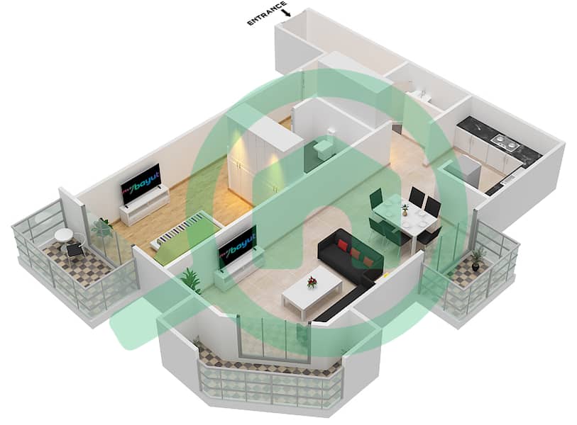Плазо Резиденс - Апартамент 1 Спальня планировка Тип 17 interactive3D