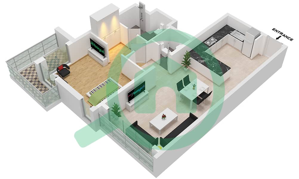 المخططات الطابقية لتصميم النموذج F شقة 1 غرفة نوم - طراز البحر المتوسط interactive3D