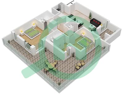 المخططات الطابقية لتصميم الوحدة 3 FLOOR 3 شقة 2 غرفة نوم - البرج الاسباني