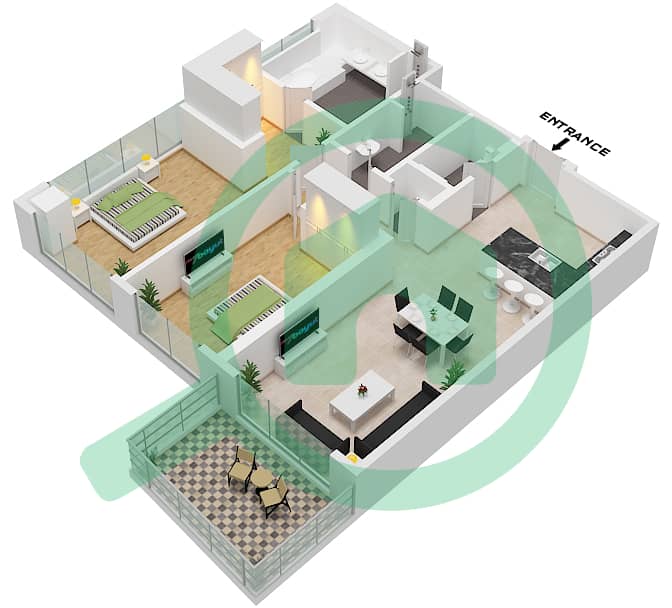 Маян 4 - Апартамент 2 Cпальни планировка Тип 2C interactive3D