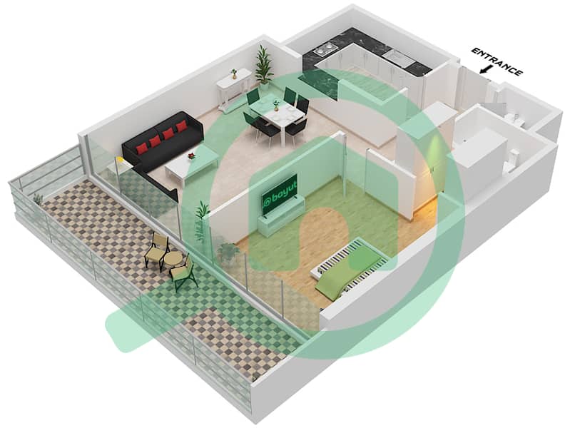 المخططات الطابقية لتصميم النموذج B شقة 1 غرفة نوم - ويندسور مينور interactive3D