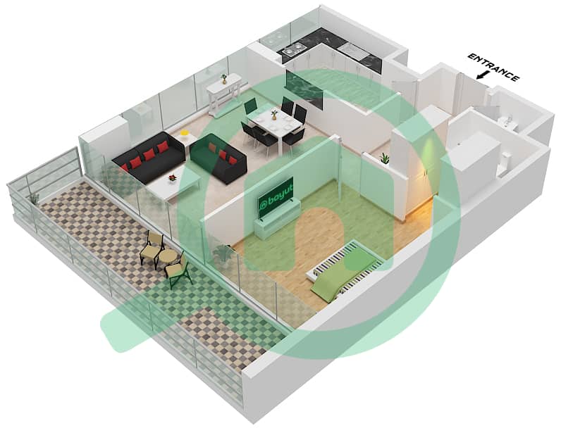 المخططات الطابقية لتصميم النموذج E شقة 1 غرفة نوم - ويندسور مينور interactive3D
