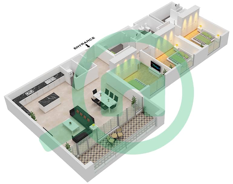 المخططات الطابقية لتصميم النموذج A3 شقة 3 غرف نوم - الزينة B Floor 6-11 interactive3D