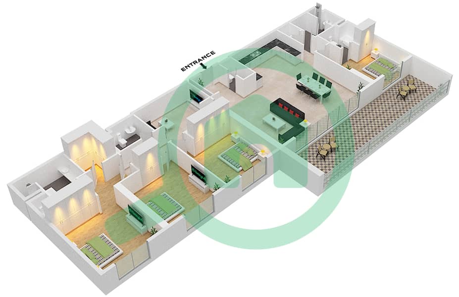 阿尔泽纳大厦B座 - 4 卧室公寓类型A6戶型图 Floor 2-11 interactive3D