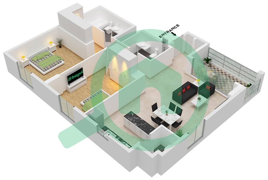 المخططات الطابقية لتصميم النموذج / الوحدة 4/207,306,405,506,605 شقة 2 غرفة نوم - لا فوال interactive3D