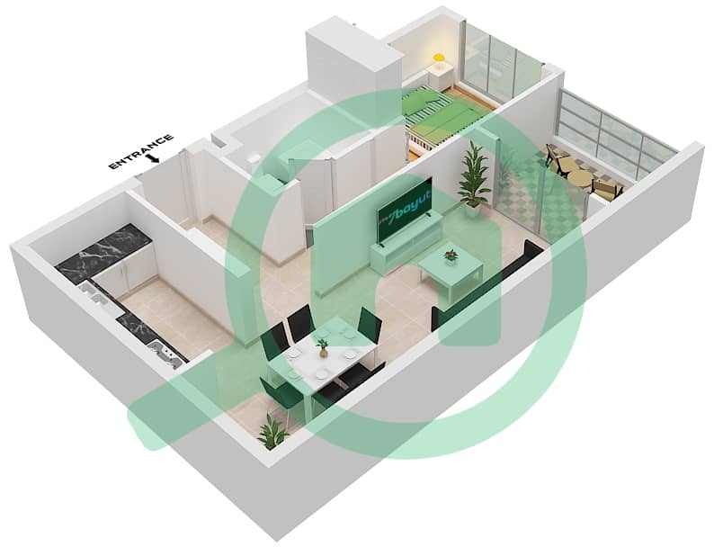 Аль Зейна Билдинг В - Апартамент 1 Спальня планировка Тип A18 Floor 2-10 interactive3D
