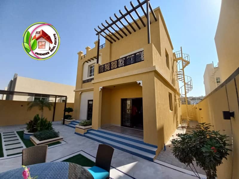 For sale villa in Ajman with new furniture and air conditioners, the first inhabitant on Sheikh Mohammed bin Zayed Street, directly on Qar Street, won