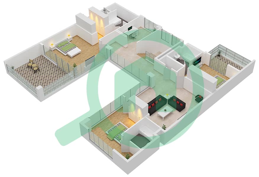 Al Zeina Building B - 4 Bedroom Apartment Type PV2 B2 Floor plan Upper Floor 2-3 interactive3D