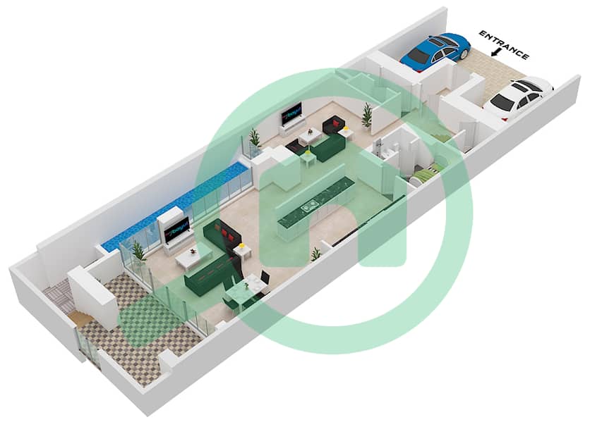 المخططات الطابقية لتصميم النموذج TH1 شقة 3 غرف نوم - الزينة B Lower Floor Ground interactive3D