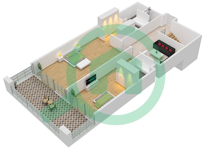 المخططات الطابقية لتصميم النموذج TH6 شقة 3 غرف نوم - الزينة B Upper Floor 2-4 interactive3D