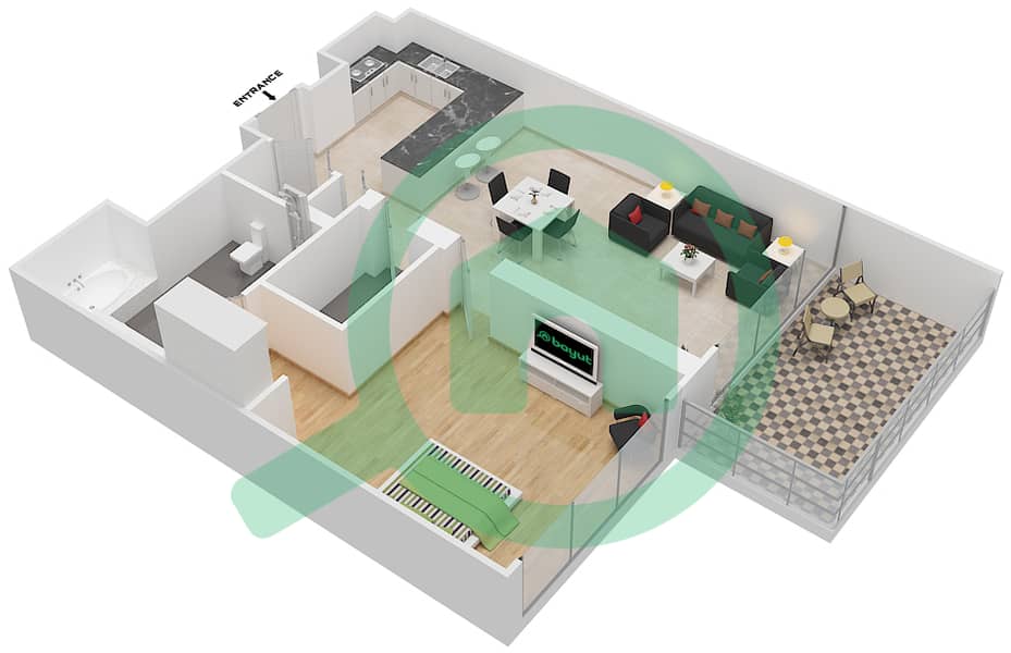Mayan 3 - 1 Bedroom Apartment Type 1D Floor plan interactive3D