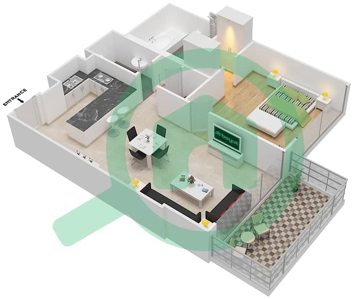 Майян 3 - Апартамент 1 Спальня планировка Тип 1F interactive3D