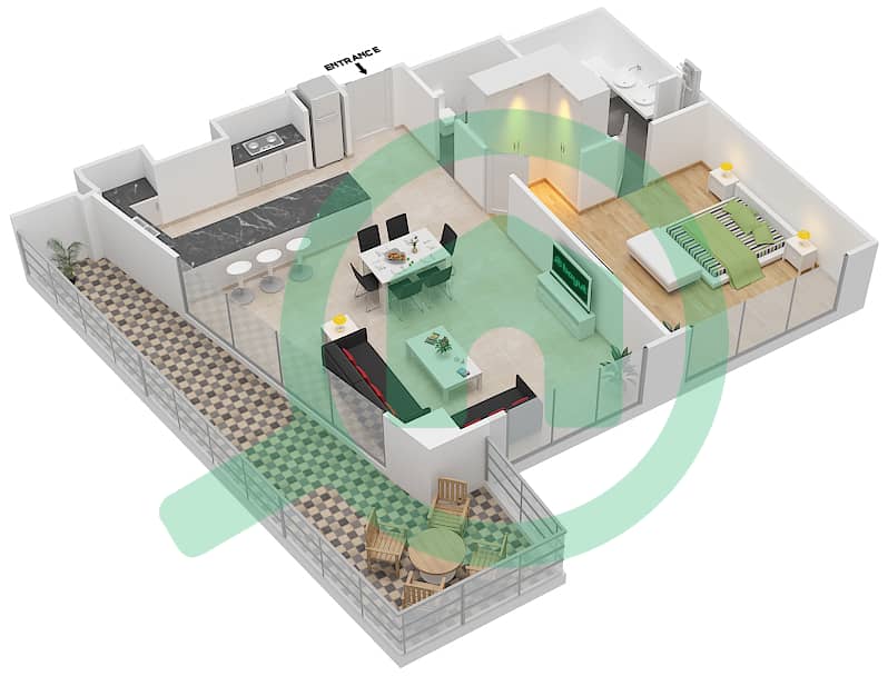 玛雅3号楼 - 1 卧室公寓类型1G戶型图 interactive3D