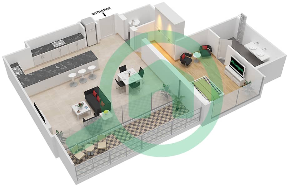 玛雅3号楼 - 1 卧室公寓类型1N戶型图 interactive3D