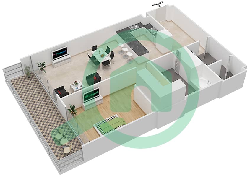المخططات الطابقية لتصميم النموذج 1O شقة 1 غرفة نوم - مايان 3 interactive3D