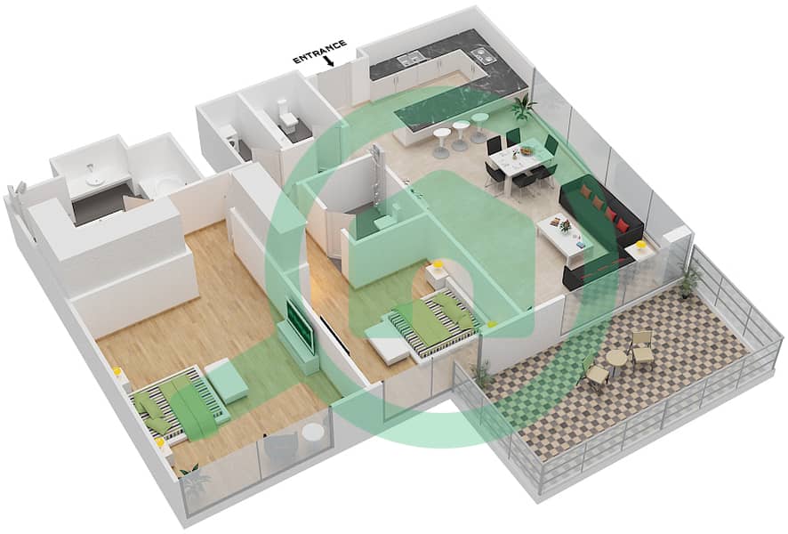 玛雅3号楼 - 2 卧室公寓类型2A戶型图 interactive3D